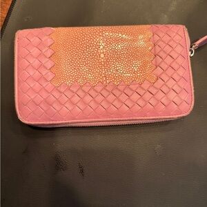 Bottega Veneta Pink Woven Leather eith Stingray Panel Long Zip Wallet